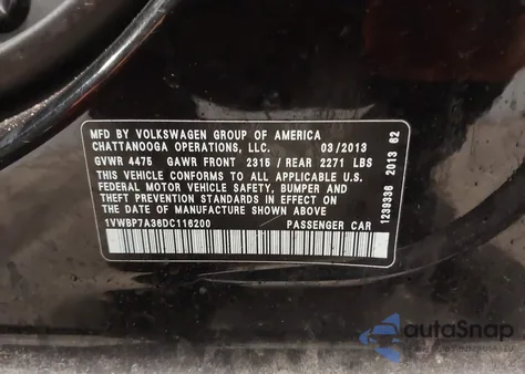 2013 Volkswagen Passat 2.5L Se from USA, damaged, VIN 1VWBP7A36DC116200